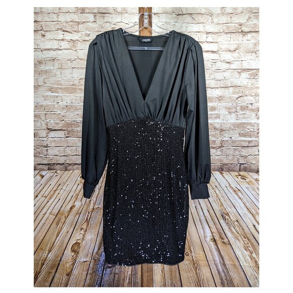 CHICME Black Sequin Ruched Bust Dress, Shirred Waist Long Sleeve Sz MedNew - Picture 3 of 7